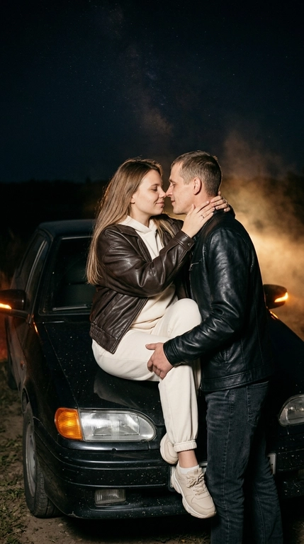 Реалистичное ночное фото пары у чёрного Mercedes-Benz. Камера сбоку. Женщина сидит на капоте, мужчина стоит рядом и держит её за ногу, они близко друг к другу, носы почти соприкасаются, глаза закрыты. Лёгкие улыбки у обоих. Руки женщины обнимают его за шею, естественная романтичная поза. Ноги женщины скрещены за спиной мужчины. Камера на уровне груди, средний план. Shot on Sony A7 IV RAW, 50mm, ISO 800, f/1.8. Яркая вспышка, мягкий тёплый свет от автомобиля, глубокие тени.

Женщина в стильном молочном спортивном костюме oversize, в стильной тёмно-коричневой кожаной куртке oversize сверху, брендовые светлые кроссовки. Мужчина в чёрной кожаной куртке, чёрных джинсах.

Фон: чёрный автомобиль, звёздное небо, Млечный Путь, ночной горизонт. Visible pores, real skin texture. No plastic skin. Стиль lifestyle-блога. Естественные пропорции тела. HDR, film grain, cinematic color grading, luxury night photography.

Доп. характеристики: Машина ВАЗ 2114