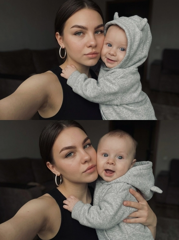 Дорогой lifestyle момент, но снят случайно, как сторис без каких либо табличек. Фотореализм, фото снято на iPhone 17 Pro Max, нет идеальной симметрии нет постановочного ощущения. Кожа выглядит сияющей. видно текстуру кожи, поры, RAW photo. Не меняя внешности людей с фото, модель делает селфи, сцена запечатлена в интимной домашней атмосфере с мягким рассеянным светом, создающим глубокие, но мягкие тени, которые подчеркивают объем и придают объятиям тепло и уют. В кадре ребенок  в светло-сером вареном оверсайз худи с очень объемным капюшоном, который имеет две выступающие детали, напоминающие  рожки; он обнимает модель за плечи, его руки мягко, но крепко охватывают её. Ребенок повернут лицом к камере, в выражении улыбки.

Если модель - женщина, то она одета в черную майку без рукавов, в ушах — большие круглые серьги, которые деликатно сверкают в приглушенном свете. Если модель - мужчина, то он одет в черную футболку. 

Модель повернута слегка в сторону, сохраняя спокойное и уверенное выражение лица четко очерченные брови. Обе фигуры занимают центральное пространство кадра, что усиливает эмоциональную связь между ними, проявленную в нежном объятии и теплых взглядах. Фон интерьера скромный и темный, с ненавязчивыми элементами мебели, частично затененный, что не отвлекает от главных героев, но добавляет глубины и создаёт ощущение домашнего уюта. Тон цветокоррекции выдержан в прохладных серо-синих гаммах с легкими акцентами на теплые оттенки кожи, что придаёт изображению кинематографичную, искреннюю и мягкую атмосферу, полную внутреннего тепла и близости, фотореалистичное изображение, высокая текстурная детализация, высокое качество 
Фото коллаж
Вертикальный, разные позы на фотографии верхней и нижней, но на обоих фотографиях модель делает селфи, одежда должна быть одинаковой.
Негативный промт: телефон в кадре.

Доп. характеристики: Ребенку 6 месяцев