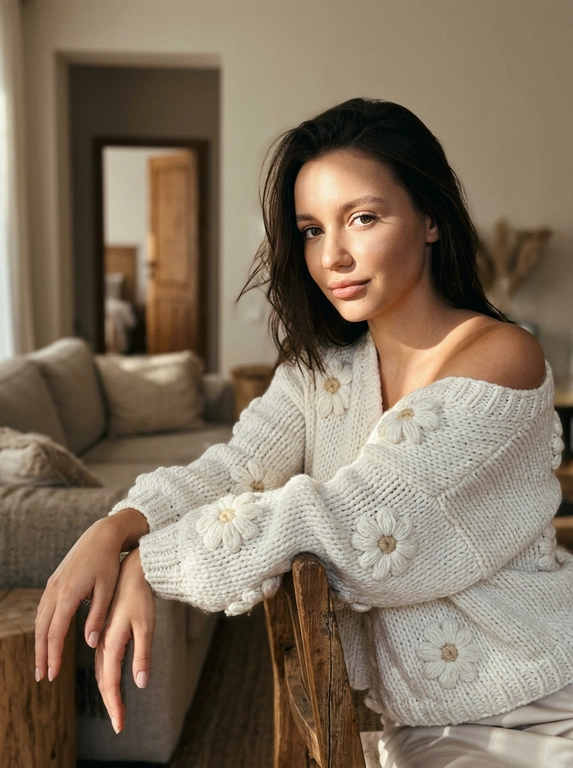 Создай крупный портрет, не меняя черты лица. Вид с боку. Фото в кинематографическом стиле с добавлением зерна, создающее атмосферу лёгкой загадочности. Модель облокотилась руками на деревянный стул, руки изящно вытянуты, кисти свободно свисают, поза расслабленная и элегантная, смотрит в камеру с лёгкой улыбкой. 
На модели свободный свитер спущенный с плеча, крупной вязки с объёмными белыми ромашками. Солнечный свет падает на лицо, подчёркивая черты и создавая мягкие тени, придавая кадру загадочный и элегантный вид. Вдалеке видно дверь в другую комнату, что добавляет глубину и расширяет пространство. Фон — светлая современная гостиная с мягким освещением, подчёркивающим лёгкость сцены и акцент на фигуре. Макияж безупречный, лицо остаётся естественным, без изменений черт, выражение спокойное и задумчивое, усиливающее интимность кадра. Кожа с лёгким загаром.
Снято на iPhone 17 Pro.

Какого цвета будет свитер: Свитер белый