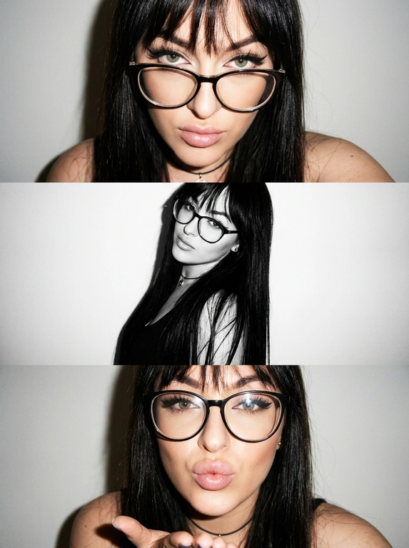 Не меняя черты лица как на фото, вертикальный коллаж из трех фото в стиле Y2K, персонаж позирует на нейтральном светлом фоне, жесткое прямое освещение от вспышки, создающее резкие тени на стене позади и эффект пересвета, лисий макияж, выраженные ресницы с вытянутым уголком, на первом и третьем кадре нет черно-белой обработки, второй кадр — черно-белый, на первой фотографии она очень близко к камере и смотрит прямо в объектив, на втором кадре корпус развернут, голова кокетливо повернута к объективу, на третьей фотографии она снова очень близко к камере, смотрит в объектив, дует губы бантиком и смотрит вперед, сочетание цветных снимков с мягким фокусом и черно-белого кадра с высокой контрастностью, крупный и средний план, минималистичная композиция, винтажная цифровая текстура, легкая размытость, гламурная атмосфера.




Какая будет прическа?: Не изменять мою прическу