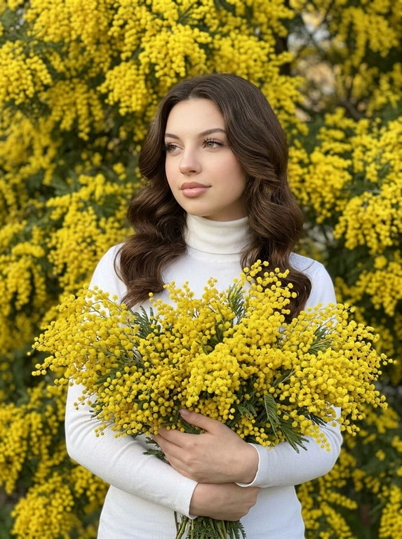 Сохранить внешность на 100%. вертикальный формат 9:16, крупный план от верхней части бёдер/талии до макушки. модель занимает почти весь кадр. Фон - цветущее дерево мимозы. Макияж - накладные ресницы (эффект лучики), легкий контуринг, на губах нюдовая помада с блеском, легкий румянец. Поза: Тело развернуто в лёгкие три четверти, Голова слегка повернута в сторону (влево), взгляд направлен в сторону, не в камеру. Выражение спокойное, уверенное, чувственное, с легкой полуулыбкой. Она держит в руках огромный букет мимозы, пышный, свежий, прижимает к груди. Одежда: белая водолазка подчеркивающая фигуру. Видно только по пояс.

Какая будет прическа?: Объемные волны в стиле old money, волосы ровно спадают по обеим сторонам плечей.