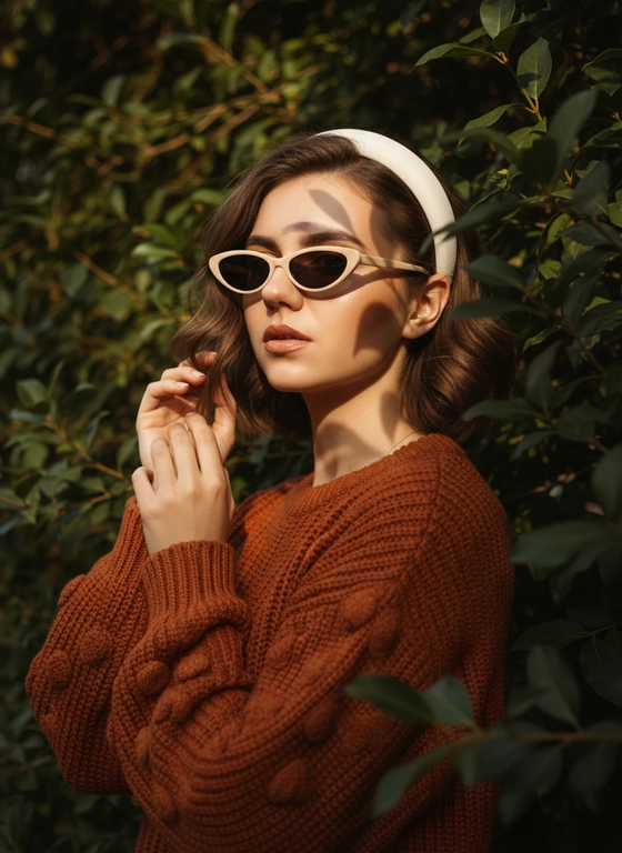 A woman stands outdoors among dense, dark-green foliage, her body turned three-quarters, her head slightly tilted back, one hand raised to her hair, fingers touching a strand of hair near her temple, her gaze directed to the side and partially hidden behind sunglasses. The shot is a close-up portrait, from chest to crown, angled at eye level with a slight turn. The composition is tight, with the face shifted toward the center and the leaves partially obscuring the right side of the frame.

Warm bronze-brown makeup, softly blended, warm terracotta eyeshadow, thin, dark brown eyeliner along the lash line, elongated, naturally volumized lashes, and a warm, nude, caramel-pink lipstick with a satin finish.

Hair is styled in soft, large waves with pronounced texture and volume along the lengths, accessorized with a wide, light-white, matte headband. She wears narrow sunglasses with creamy beige frames and dark lenses. She wears a knitted sweater in a rich, warm orange-terracotta shade with a voluminous texture and decorative spherical elements on the sleeves. The yarn is thick and textured with a pronounced texture.

The location is a natural environment with dense foliage in shades of dark green and olive. The background is dark, without visible architectural elements, and the space is filled with vegetation, creating a deep background.

The lighting is natural, with harsh, directional sunlight falling from above and slightly to the side, creating sharp, contrasting shadows from the leaves on her face and sweater. The light is warm, golden, the shadows are deep and dense, the contrast is high, the highlights on her skin and glasses are bright and pronounced, and the edges of the shadows are sharp.

Shot with an 85mm portrait lens, shallow depth of field with sharp focus on the face and texture of the sweater. The background with foliage is softly blurred, with detailed textures of skin, knitwear, and leaves. Outdoor fashion portrait photography, highly detailed, photorealistic.

Warm autumn sunlight mood,
dominant burnt orange and deep green tones,
warm golden color temperature,
medium to high saturation,
high contrast with strong shadow definition,
hard directional sunlight,
deep shadows with crisp edges,
rich textured detail with minimal grain,
cinematic warm outdoor color grading