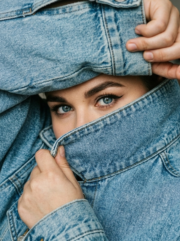 Экстремально крупный фотореалистичный fashion editorial портрет. Камера очень близко к лицу, плотный кадр, ракурс почти на уровне глаз с лёгким верхним углом. Модель не стоит прямо, а будто прячется внутри объёмной светло-голубой джинсовой куртки. Поза читается только через руки, лицо и ткань.

Весь кадр заполнен джинсой и руками. Сверху большой слой денима нависает над бровями, снизу поднятый воротник диагонально закрывает лицо до переносицы. Видны только глаза, брови, переносица и небольшой участок кожи вокруг глаз. Рот, подбородок, щёки, шея и причёска скрыты. Волосы почти не видны, максимум лёгкая тень у линии роста волос.

Одна рука сверху справа держит верхний край джинсовой куртки, частично обрезана кадром. Вторая рука снизу слева подтягивает воротник ближе к лицу. Пальцы естественно сжимают плотную ткань, создавая натяжение, складки и объём. Композиция тесная, асимметричная, с диагональными линиями ткани вокруг глаз.

Деним главный элемент кадра: светло-голубая washed denim ткань, плотная, матовая, тяжёлая, с выраженной фактурой, видимым плетением, мягкими потёртостями, заломами, массивными швами и контрастной строчкой. Джинсовая куртка выглядит натурально, объёмно и очень близко к камере.

Глаза смотрят прямо в камеру из-под бровей. Взгляд спокойный, глубокий, уверенный и слегка загадочный. Один глаз немного в тени, второй более чёткий и освещённый. Макияж глаз аккуратный: тонкая вытянутая стрелка, лёгкий cat-eye эффект, подчёркнутые ресницы, натуральные брови. В глазах живые естественные блики.

Кожа вокруг глаз реалистичная, с натуральной текстурой, мягкими порами и естественными бликами. Без пластикового сглаживания, без чрезмерной ретуши, без AI-эффекта.

Освещение мягкое, естественное, слегка контрастное, как в дорогой editorial-съёмке. Свет подчёркивает глаза, переносицу, руки, швы и складки денима. Тени глубокие, но натуральные. Цвета спокойные и реалистичные: светло-голубой деним, нейтральный тон кожи, мягкие тени.

Фон полностью отсутствует. В кадре только джинсовая ткань, руки и узкий фрагмент лица. Ultra realistic close-up, luxury denim editorial, natural film grain, shallow depth of field, soft sharpness, high detail, realistic skin texture, realistic denim texture, no CGI, no plastic skin, no over-retouching.

Negative prompt: visible hairstyle, loose hair, open face, full face, mouth visible, chin visible, neck visible, full body, standing pose, normal jacket pose, symmetrical framing, empty background, studio backdrop, glossy denim, plastic skin, AI smoothing.