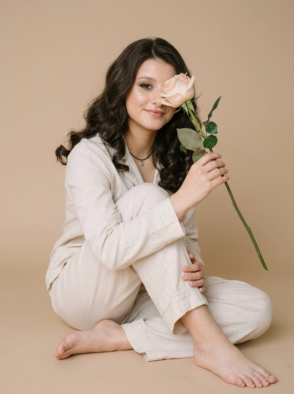 Сохрани внешность человека с исходного фото. Создай студийное фото на котором человек сидит на полу обнимая колени одной рукой. Второй рукой человек держит красивую нежную розу с большим бутоном, бутон цветка закрывает часть её лица. Макияж красивый профессионалный, ровная кожа с естественным сиянием, немного хайлайтера, дымчатые тени, красивые тонкие графичные стрелки, губы в прозрачном блеске. Одежда: светлый хлопковый костюм по типу пижамы, рубашка с длинным рукавом и свободные брюки. Но ноги босые. Фон бежевый, бесшовный и однотонный, фокус на человеке. Естественный свет допустимо лёгкое зерно. Высокое качество фото.

Прическа: Волосы ухоженные уложены крупные волнами.