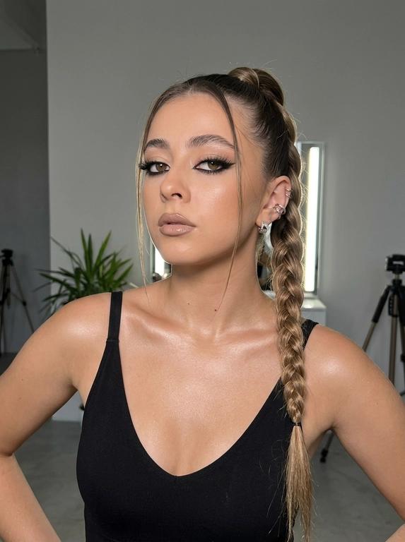 Создай фото женщины, акцент на плечах и ключицах; поза уверенная и немного провокационная, корпус слегка откинут назад, плечи расправлены, руки частично в стороне.
Поза
• приближенный портрет по грудь в вертикальном формате; грудная клетка и ключицы чётко видны, плечи расправлены, подбородок направлен немного вверх — ощущение уверенности и лёгкой броскости; корпус слегка повернут в три четверти.
Место съёмки (интерьер)
• Современная минималистичная студия или лофт: нейтральные светло-серые стены, вертикальная светящаяся LED-панель на заднем плане, размытый штатив и декоративный зелёный растение в углу; малое расстояние до фона, неглубокая глубина резкости.
Макияж
•Губы блестящие, увеличенные, с холодным оттенком бежевой помады, идеально законченным блеском, который притягивает внимание к выразительности мимики. Глаза выделяются густым, объемным искусственным макияжем: стрелки резко удлинены и подведены как сверху, так и снизу, ресницы объемные и длинные, создавая сильный визуальный эффект глубины и драматизма, а брови аккуратно оформлены, поддерживая гармонию лица.
Детализация кожи
• Тёплый  легкий загар тон кожи с сияющим, слегка маслянистым финишем; чётко видны блики на плечах, ключицах и декольте; гладкая текстура, мелкие поры минимальны, кожа выглядит ухоженной и подсвеченной, без видимых дефектов.
Одежда/аксессуары
• Чёрный облегающий топ с V‑образным вырезом, подчёркивающим декольте; на правом ухе несколько серебристых каффов и одна сережка в мочке, небольшие металлические детали гармонируют с фурнитурой ремней.
Освещение
• Профессиональное студийное освещение: мягкий фронтальный заполняющий свет делает кожу ровной и подчёркивает блики; контровая/задняя подсветка (вертикальная LED-панель) создаёт тонкий ореол и делит фон; дополнительный направленный свет справа/сзади даёт маленькие яркие пятна на волосах и плече, создавая объём.

Прическа:: блестящие волосы, собраны в высокий тугой хвост, заплетён в крупную плотную косу, опускающуюся по правому плечу до уровня пояса; аккуратно выполненная трёхпрядная коса, гладкая основа без пушащихся прядей, две тонкие свободные пряди у лица; кончик зафиксирован чёрной резинкой или лентой.