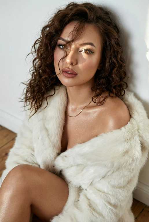       
Экстремально крупный план
Девушка позирует как на модной фешн съемке, расслабленно облокотилась спиной о стену белую. Фото сексуальное.  Сидит на полу. Одежда: белая шуба спущенная на одно плечо,  на шее тонкая цепочка золото.  Она расслаблена боком к камере смотрит в камеру. Волосы средней длины цвета шоколад кудрявые,  распущены, частично падают на лицо прядями. Макияж: стрелки, длинные ресницы, легкий румянец, хайлайтер. На теле блестящий шиммер.
губы покрыты помадой насыщенного нюдово-розового оттенка.detailed skin texture, здоровая чистая кожа. Светит солнце освещая часть лица глаза. Кинематографический эффект с добавлением зерна. фотореалистичное изображение, высокая текстурная детализация, высокое качество. Черты лица-полностью сохранены как на референсном фото.