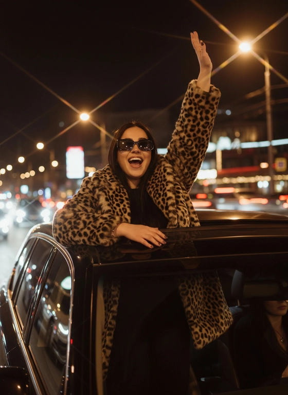 Максимально реалистичное фото. Лицо как на загруженной фотографии. Фотография сделана в ночное время в городе. Снимок выглядит как кадр из модной фотосессии или момент празднования. Женщина находится в машине, высунувшись из люка на крыше. На ней надета леопардовая шуба, под которой виден темный топ. Одна рука поднята вверх, вторая немного согнута в локте. Она улыбается, в позе чувствуется радость и свобода. На лице надеты прямоугольные солнцезащитные очки. 

Цветовая гамма теплая, с преобладанием бежевых, коричневых и черных тонов. На заднем плане видны огни города и проезжающие автомобили, создающие размытое боке. Освещение преимущественно искусственное, фонари и фары машин добавляют блики на фотографии. Внутри машины виден силуэт другого человека.