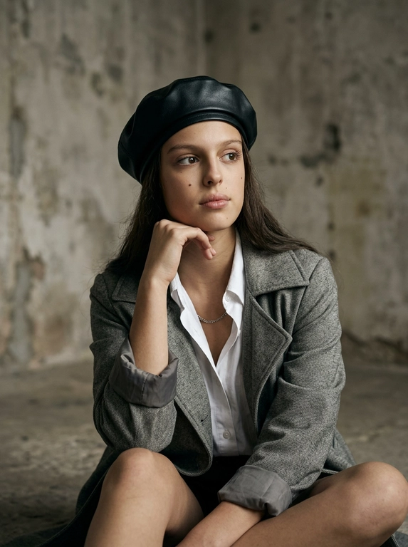 Это модный снимок, сделанный в помещении с бетонными стенами, которые выглядят состаренными.
Атмосфера слегка мрачная, с приглушенной цветовой гаммой в серых и бежевых тонах. На снимке изображена женщина, сидящая на полу. Не меняя внешности, черты лица 1:1. На женщине надет черный кожаный берет. Под ним видна белая рубашка с расстегнутыми верхними пуговицами. Поверх рубашки накинут серый плащ с закатанными рукавами. На шее у нее серебристая цепочка. Женщина подпирает голову рукой, ее взгляд направлен вверх и в сторону. Ее поза расслабленная и непринужденная. 85mm, f/1.8, разрешение 4k.