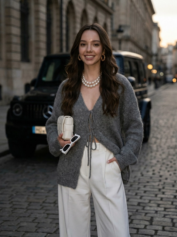 Стильное уличное фото женщины в модном многослойном образе, позирующей на фоне черного внедорожника Мерседес. Она одета в объемный серый вязаный кардиган из мягкого мохера, который завязывается на тонкие шнурки спереди, открывая вид на изящное колье из крупного жемчуга. Под кардиганом надеты белоснежные широкие брюки-палаццо с высокой талией и идеальными стрелками. В руках она держит маленькую белую плетеную сумку-клатч квадратной формы. Образ дополнен белыми солнцезащитными очками в прямоугольной оправе и массивными золотыми серьгами. Солнечный дневной свет подчеркивает текстуру вязки и ткани. Высокое разрешение, эстетика Old Money, фешн-съемка на открытом воздухе, фотореализм.
Фото смазанное 
Кинематографический эффект с добавлением зерна. Фото затемнено
Ее кожа выглядит естественно, ровный тон кожи с эффектом влажного сияния,брови уложенные ламинированием.