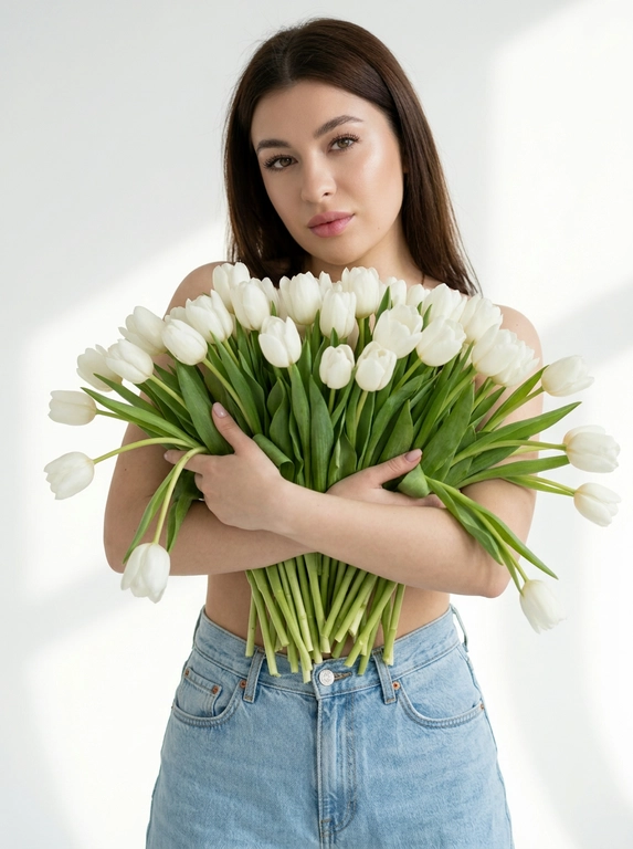 Женщина позирует в на белом фоне. Мягкие тени на стене и полу, ощущение воздуха и пространства. Макияж натуральный: ровный сияющий тон кожи, подчеркнутые ресницы, мягкие розовые губы. Атмосфера кадра — женственность, свежесть, легкость, весеннее настроение. Крупный план по грудь. На ней только светло-голубые широкие джинсы Levi’s с высокой посадкой. Взгляд в камеру, спокойное уверенное выражение лица. Голова немного наклонена вбок.

Какие будут цветы?: Она обнимает большой букет белых тюльпанов, полностью прикрывая им грудь. Стебли естественно опущены вниз под весом цветов.