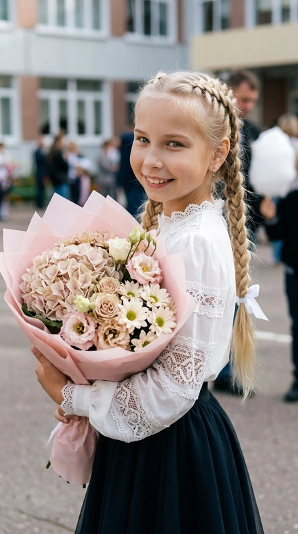 Не меняй внешность с фото ребенок стоит на улице в профиль, повернув голову через плечо к камере и глядя прямо в объектив с милой улыбкой. Обеими руками она прижимает к груди большой букет цветов. Снимок сделан от талии и выше, под углом на уровне глаз, в центре композиции. Основное внимание уделяется лицу. В руках большой, пышный букет, завернутый в нежно розовую оберточную бумагу. В букете нежные гортензии, эустомы и ромашковые хризантемы (розовых, бежевых и белых оттенков). На заднем плане видна школа. Дневной свет, зернистость формат. Высокая детализация, живой кадр, 8К.   

Пол ребенка?: На девочке нарядная белая блузка с кружевными деталями и объемными рукавами, темная пышная юбка; волосы красиво собраны в две длинные и объемные вывернутые французские косы с белыми лентами на концах. В ушах маленькие серьги-гвоздики. 

Причёска у девочки: Волосы красиво собраны в две длинные и объемные вывернутые французские косы с белыми лентами на концах.