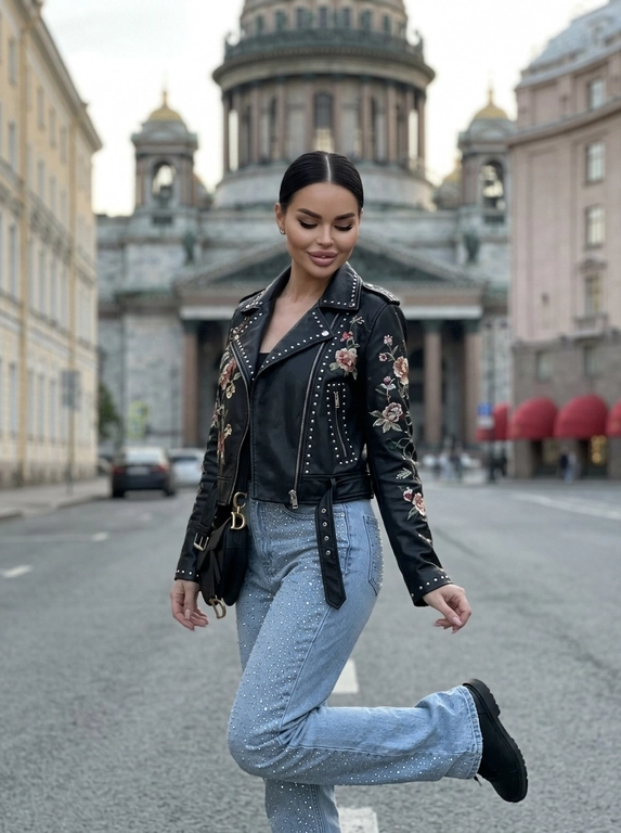 Дорогой lifestyle-момент, но снят случайно, как живой кадр из Pinterest без постановки. Фотореализм, RAW, 8K, пониженная экспозиция, мягкий естественный вечерний тусклый свет, спокойная нейтральная цветовая гамма, без глянцевой обработки. Снято на iPhone 16, с лёгкой естественной зернистостью, живо и атмосферно.

Женщина стоит почти фронтально к камере, корпус слегка развёрнут в сторону. Вес тела полностью перенесён на одну прямую опорную ногу. Вторая нога слегка приподнята над землёй и согнута в колене: колено мягко выведено вперёд к центру силуэта, а голень расслабленно уходит назад по диагонали. Стопа этой ноги не касается земли и не служит опорой. Бёдра слегка смещены в сторону, плечи расслаблены, руки свободно опущены вдоль тела. Поза выглядит лёгкой и естественной, будто женщина на секунду приподняла одну ногу во время прогулки.
Голова немного наклонена вниз и повернута в сторону. Женщина не смотрит в камеру, взгляд направлен вниз. На лице лёгкая спокойная сомкнутая улыбка.

Макияж: кожа сияющая, лёгкий контуринг, острые стрелки, губы нюдово-розового оттенка с блеском. В ушах маленькие серьги-гвоздики.

Женщина показана примерно до уровня ниже колен, чтобы хорошо читалось положение согнутой ноги, и расположена по центру кадра. Сбоку на плече висит маленькая чёрная сумка Dior.

Фон — Санкт-Петербург, на заднем плане вблизи хорошо виден Исаакиевский собор. Камера расположена немного ниже уровня глаз и слегка направлена вверх, подчёркивая архитектуру и силуэт женщины без сильного искажения пропорций. Лёгкое естественное размытие фона, реалистичная текстура кожи и одежды, без эффекта пластика, без сильной ретуши и без ИИ-сглаживания.


Одежда: Кожаная черная куртка с шипами и вышивкой, джинсы голубые со стразами

Прическа: Гладкая причёска с прямым центральным пробором и низким аккуратным пучком у основания шеи. Волосы плотно приглажены к голове, линия причёски чистая и минималистичная, без свободных прядей. Пучок компактный, собранный и элегантный.