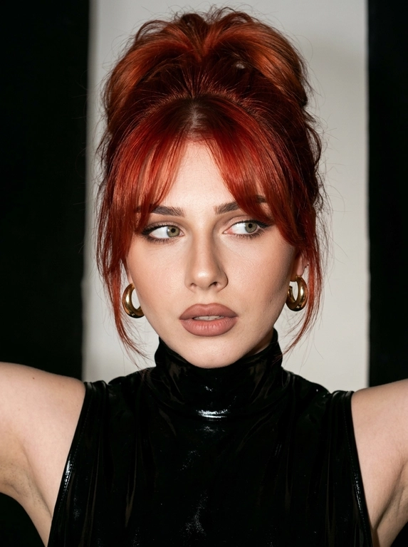 Сохранить внешность на 100%. Не менять черты лица. Как съёмка в 90-х. Локация: минималистичная студия, светлый фон. Модель: та же женщина (внешность не менять). Одежда: лаковый топ с горлом, руки открыты. Макияж: matte sculpted — контуринг, губы с карандашом, высокая детализация лица, видны поры. Кадр: низ-право — close-up, голова к плечу, игривый взгляд исподлобья, фокус на глазах и губах. Не менять лицо и цвет волос. Фото сделано на Canon G7X Mark III со вспышкой. Фото в цвете. Без фильтров. Вокруг темно. Высокая контрастность. В ушах — массивные золотые круглые серьги.


Какая будет прическа?: Волосы: 90s bombshell messy updo, объём у корней, curtain bangs.