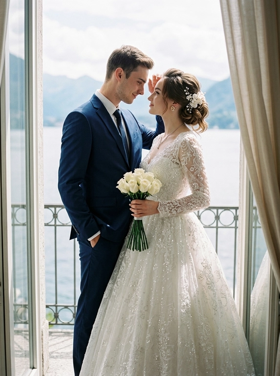 Фотореалистичный bridal editorial, полный рост. Пара стоит на узком балконе у открытой стеклянной двери. Мужчина слева, корпус в 3/4 вправо к женщине, одна рука в кармане брюк, другой рукой мягко касается её волос у лба, голова чуть наклонена к ней, взгляд на женщину, лёгкая нежная улыбка. Женщина справа, стоит очень близко, корпус в 3/4 влево, голова поднята к мужчине, взгляд снизу вверх на его лицо. В обеих руках прижат к животу маленький аккуратный букет из 11 этих цветов: бутоны цветов собраны плотно, стебли строго вниз, букет вертикальный, не у бедра, не у груди. Мужчина в чёрном костюме и белой рубашке без галстука. Женщина в длинном белом платье-халтер с открытой спиной. Фон: кованые перила, озеро, горы, светлые шторы. Мягкий естественный дневной свет, 50mm, лёгкое зерно.

Из каких цветов будет букет невесты?: Белые розы

Доп. характеристики: Платье белое,длинное,пышное с длинными рукавами блестящими ,украшено блестящими пайетками и кружевными деталями. Волосы собраны в изящный пучок украшенную декоративными цветами и жемчужными аксессуарами,плавные локоны на затылке 
Нежный свадебный маникюр и макияж
Золотые серьги с бриллиантами и ожерелье с бриллиантами 
Мужчина одет в синий темно костюм и галстук.