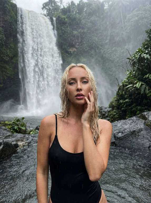   Promt 

Ультрареалистичная
редакционная фотография, качество мобильного телефона, неизменное лицо из прилагаемого селфи. Качество лица структурировано и приближено к настоящему максимально. Модель элегантно стоит на фоне огромного живого, гиперреалистичного широкого Балийского водопада, вокруг темно-зеленая тропическая растительность. обнимая себя нежно, ракурс сбоку, крупно по живот, правая рука нежно гладит лицо, глаза открыты, взгляд в камеру, чувственность, погода хмурая, идет небольшой дождь, небольшой туман. Капли дождя на лице, теле модели. Крупный портрет девушки по по грудь в темно-серых скалах. Модель с уверенным и чувственным выражением лица. Она носит черный слитный купальник на тонких бретельках. Волосы Длинные, светлые, волнистые. Макияж легкий.
Атмосфера: Анапа, водопад, дождь, чувственность, снимок высокомодный, стиль vogue