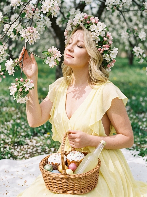Кинематографический близкий портрет с добавлением зерна. На ней лёгкое платье  с открытой спиной и рюшами. На голове роскошный венок, сплетённый из живых весенних цветов. Цветущий фруктовый сад в разгаре весны. Яблони и вишни покрыты бело-розовым облаком цветов. На траве расстелено белое покрывало, на котором стоит плетёная корзина с куличами, яйцами и бутылка домашнего лимонада. Лепестки цветов усеивают землю и покрывало. Женщина стоит под цветущей яблоней, слегка запрокинув голову и закрыв глаза, вдыхая аромат цветов. Одна рука нежно касается ветки дерева, вторая придерживает корзину. Ветер слегка касается платья. Мягкий рассеянный свет в облачный, но яркий день. Цветущие ветки создают причудливую игру кружевных теней на лице и платье женщины. Общее освещение мечтательное, с высокой тональностью. Сохрани внешность модели 1:1.


Какого цвета будет платье?: Платье светло-желтого цвета.
