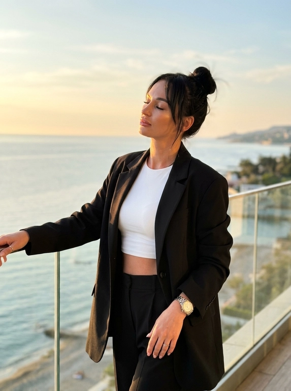 ultra realistic luxury sunset portrait of a woman standing on a balcony with ocean view,  candid instagram aesthetic, taken on iPhone 16 Pro Max. woman standing relaxed near glass railing, body slightly turned sideways, one arm resting on railing, eyes closed enjoying warm sunlight, elegant feminine posture.
outfit: oversized black blazer, fitted white crop top, elegant black trousers, luxury minimal jewelry and watch, classy old money aesthetic.
makeup: soft glam makeup with glowing bronzed skin, natural contour, sharp brows, long lashes, realistic skin texture and warm sunlight highlights.
lighting: warm golden hour sunlight, cinematic sunset glow, realistic natural shadows, soft highlights on hair and skin, luxury evening atmosphere.
background: ocean view, soft cloudy sunset sky, blurred city coastline and road below, cinematic depth, warm dreamy aesthetic.
camera: realistic iphone portrait shot, 50mm lens look, shallow depth of field, focus on woman with softly blurred background.
important: ultra realistic iphone photography, candid luxury influencer vibe, cinematic rich girl aesthetic, natural body proportions, realistic skin texture, film look, no overprocessed ai skin.

Какая будет прическа? : Волосы уложены в небрежный пучок с выбившимися прядями