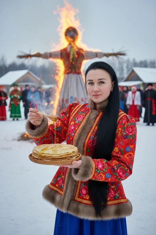 Ультрареалистичная документальная фотосъёмка, зима, традиционный праздник Масленица. Вертикальный формат 9:16, средний план, уровень глаз, лёгкий поворот корпуса, естественная осанка, прямой взгляд в камеру, спокойная уверенная мимика, мягкая неигровая улыбка; лицо на 100% идентично исходному референсу — полностью узнаваемо, без искажений и без изменения пропорций, черт и внешности; любые изменения лица запрещены, легкий морозный румянец.
Одежда: традиционный богатый русский праздничный костюм — красный приталенный кафтан с богатой цветочной вышивкой, меховая отделка, синяя юбка.
В руках деревянная тарелка с тонкими блинами и деревянная ложка с мёдом, момент поливания, тянущаяся капля в движении.
Фон: горящее чучело Масленицы, люди в народной зимней одежде, снег, деревянные постройки, живое пламя.
Естественный рассеянный дневной свет, реалистичные тени, точная цветопередача, умеренная глубина резкости. 8K, высокая фактурная детализация. Прямые длинные волосы до пояса. 