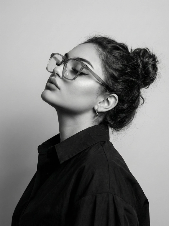 Чёрно-белый минималистичный фотореалистичный портрет, студийный мягкий свет спереди‑сверху, нейтральная светлая однотонная стена как фон. Девушка в профиль: голова запрокинута назад, подбородок поднят, глаза закрыты — расслабленная fashion-поза с акцентом на линии шеи и контуры лица. Обязательно точно сохранить черты лица с референс-фото (без искажений); крупные квадратные очки в массивной полу-прозрачной оправе с естественными бликами. Детали лица: длинные ресницы и чёткие стрелки, выразительные губы, естественная текстура кожи, аккуратный ретуш. Одежда: тёмный объёмный верх с выразительным воротником, маленькая серьга-кольцо. Стиль: высокая графичность и контраст, чистые линии, лёгкая драматичность, максимальная детализация и фотореализм, аккуратные светотеневые переходы, подчёркнутые контуры.

Какая будет прическа?: Волосы уложены в небрежный пучок.