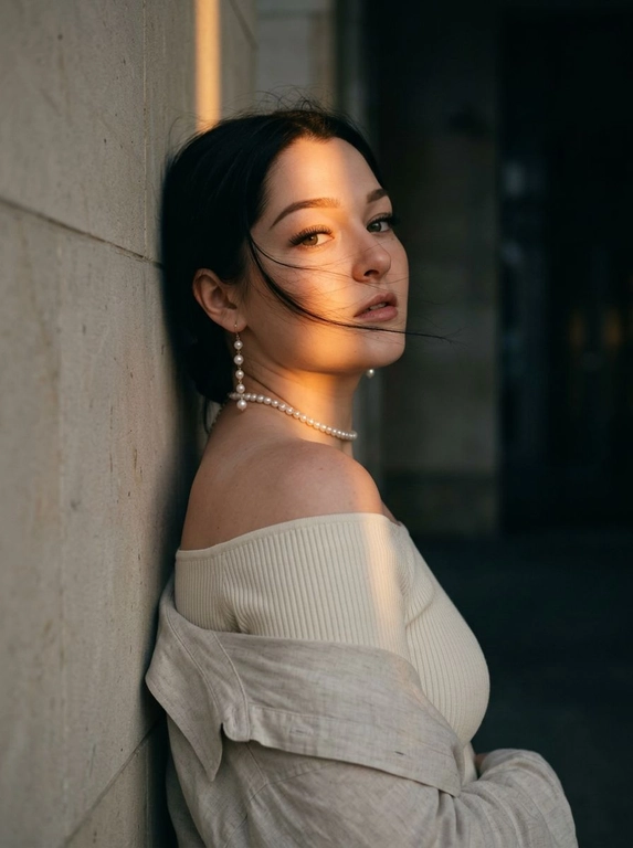 Luxury editorial portrait, кадр по плечи. Женщина стоит вплотную к светлой каменной стене.
Стена находится строго за её спиной и слева в кадре. К стене прижаты верхняя часть спины и левое плечо. Женщина стоит к камере боком, корпус развернут вправо в 3/4, грудь направлена от стены в сторону камеры. Голова резко повернута назад к камере и слегка наклонена вниз. Взгляд в камеру, губы слегка приоткрыты, выражение спокойное, уверенное. На ней молочный плотный топ в рубчик с открытыми плечами, сверху светлая льняная рубашка спущена с плеч. жемчужная нить на шее, длинная серьга с жемчугом. Волосы: несколько прядей слегка раздувает вечерний ветер, перекрывают лицо.
Тёмный закатный golden hour: узкая вертикальная полоса тёплого света освещает один глаз, часть лба, нос, шею и плечо, остальное в тени. Тёмный архитектурный фон мягкий.