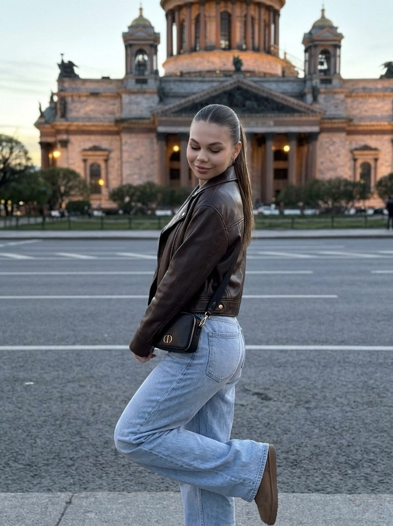 Дорогой lifestyle-момент, но снят случайно, как живой кадр из Pinterest без постановки. Фотореализм, RAW, 8K, пониженная экспозиция, мягкий естественный вечерний тусклый свет, спокойная нейтральная цветовая гамма, без глянцевой обработки. Снято на iPhone 16, с лёгкой естественной зернистостью, живо и атмосферно.

Женщина стоит почти фронтально к камере, корпус слегка развёрнут в сторону. Вес тела полностью перенесён на одну прямую опорную ногу. Вторая нога слегка приподнята над землёй и согнута в колене: колено мягко выведено вперёд к центру силуэта, а голень расслабленно уходит назад по диагонали. Стопа этой ноги не касается земли и не служит опорой. Бёдра слегка смещены в сторону, плечи расслаблены, руки свободно опущены вдоль тела. Поза выглядит лёгкой и естественной, будто женщина на секунду приподняла одну ногу во время прогулки.
Голова немного наклонена вниз и повернута в сторону. Женщина не смотрит в камеру, взгляд направлен вниз. На лице лёгкая спокойная сомкнутая улыбка.

Макияж: кожа сияющая, лёгкий контуринг, острые стрелки, губы нюдово-розового оттенка с блеском. В ушах маленькие серьги-гвоздики.

Женщина показана примерно до уровня ниже колен, чтобы хорошо читалось положение согнутой ноги, и расположена по центру кадра. Сбоку на плече висит маленькая чёрная сумка Dior.

Фон — Санкт-Петербург, на заднем плане вблизи хорошо виден Исаакиевский собор. Камера расположена немного ниже уровня глаз и слегка направлена вверх, подчёркивая архитектуру и силуэт женщины без сильного искажения пропорций. Лёгкое естественное размытие фона, реалистичная текстура кожи и одежды, без эффекта пластика, без сильной ретуши и без ИИ-сглаживания.


Одежда: На женщине короткая кожаная куртка тёмно-шоколадного оттенка с лаконичным современным кроем и светло-голубые свободные джинсы с высокой посадкой. Сбоку на плече висит маленькая чёрная сумка Dior. Образ выглядит расслабленно, дорого и современно, в эстетике casual luxury.

Прическа: Высокий длинный хвост, собранный строго на макушке. Волосы у корней идеально гладко зачёсаны назад и плотно собраны, без выбивающихся прядей. Сам хвост прямой, плотный и ухоженный, свободно ниспадает за спиной.