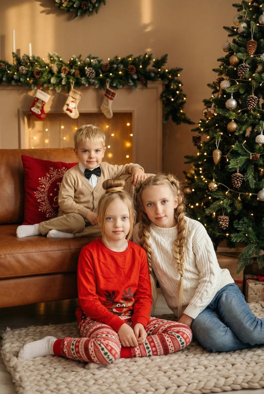   Создай трогательный кадр из профессиональной фотосессии в студии, где запечатлен момент семейной близости. Люди на фото могут быть как взрослыми так и детьми, в зависимости от предоставленных фото. Сделай так, чтобы все они смотрелись гармонично и трогательно. Фото в стиле Энни Лейбовиц, четкий фокус.

Люди в расслабленных позах на низком коричневом кожаном диване и на плотном светлом вязаном ковре. Естественные прически и минимальный макияж. 

Студия украшены в рождественском или новогоднем стиле, рядом с диваном стоит елка, позади дивана камин. Каминная полка украшена еловой гирляндой, шишками и маленькими рождественскими носочками. На диване красные декоративные подушки. В студии висят теплые гирлянды и мягко светятся.  

На фото видно лица людей и они смотрят в камеру.
 
Освещение мягкое, естественное, теплое, в стиле "Золотой час", мягкие тени, камера на уровне глаз, теплый цветовой грейд (золотисто-коричневые тона), натуральные оттенки, тонкая ретушь, мягкая пленочная текстура, атмосфера уюта, семейного тепла и близости. Одежда в новогоднем стиле: уютные свитера - красного или белого цвета, с узорами или вышивкой оленя, джинсы и бежевые брюки 