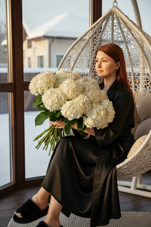 Гиперреалистичная фотография женщины, зима, сидящей полубоком на закрытой веранде с видом на дом в кресле коконе белом и держащей в руках очень большой, пышный букет, состоящий из множества белых цветов — круглых, густых, многоцветковых, с пышными соцветиями и зелеными листьями. Букет объемный, он явно состоит из десятков отдельных гортензий, а не из единого бутона. в ушах маленькие красивые серьги. ногти молочного цвета. Волосы с аккуратной легкой укладкой. 
На ней халат шелковый как кимоно в пол на ногах пушистые тапки.
Ее макияж выполнен в стиле мягкого глэма: сияющая кожа. Она позирует в полупрофиль.
Золотистый естественный свет проникает сбоку, отбрасывая резкие, но мягкие тени на складки ткани . Цвет халата - черный, цвет тапок - черный 