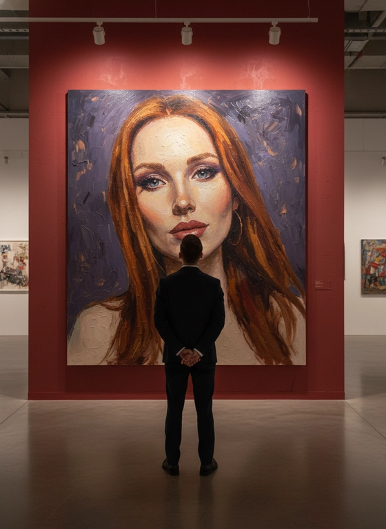 Создай сцену в галерее современного искусства, используй прилагаемое изображение лица и внешности человека, не меняя черты лица. На стене висит большой портрет человека маслом. Её лицо и верхняя часть тела написано в реалистичной, экспрессивной манере масленной живописи с текстурированными мазками и приглушенными цветами. Чистая красная стена галереи создаёт профессиональную атмосферу выставки благодаря мягкому освещению, освещающей произведения искусства. Перед картиной с видом сзади, стоит мужчина рассматривая картину, что придаёт сцену кинематографическое и таинственное настроение.