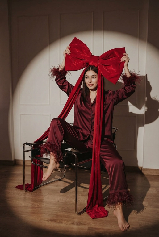 Создай фэшн-фото человека крупным планом до колен, позирующего на стуле под направленным светом прожектора на фоне стены с лепниной, как на референсном изображении. Черты лица, пол, комплекция, возраст и цвет волос должны быть такими же, как на референсе. Драматичное сценическое освещение с выраженным световым пятном и мягкими тенями. Человек сидит уверенно и расслабленно. Одна нога на сидении,  другая на полу. В руках человек держит очень большой красный бархатный бант над головой — жест выглядит игриво и символично, создавая ощущение, что человек сам является подарком. У банта длинные ленты («ножки»), которые свободно и естественно ниспадают вниз. Взгляд направлен немного в сторону, мягкая улыбка. Общая атмосфера: high-fashion, новогодний гламур, рождественское настроение. Стиль журнальной съёмки, кинематографичный свет, высокая детализация, чистая композиция, профессиональная студийная фотография. На человеке шелковая пижама глубокого бордового цвета: свободная рубашка и брюки. Манжеты рукавов и края брюк отделаны страусиным пером. Ткань с мягким благородным блеском, подчёркивающим фактуру шёлка.