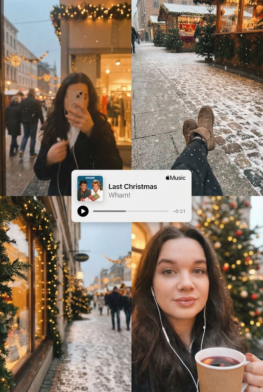  Многопанельный коллаж в стиле зимнего постера, передающий рождественскую атмосферу улицы, снятый как спонтанная фотография на iPhone. Сцена выглядит естественной, уютной и реалистичной: мягкий снегопад, тёплые отражения в окнах и едва заметная аналоговая зернистость создают праздничное, но сдержанное рождественское настроение. Все кадры объединены единым визуальным образом и ощущением зимнего уюта. 
 
В верхнем левом кадре — отражающая витрина магазина на закате. Слабые рождественские огни и матовые края стекла окружают человека, который держит телефон, частично закрывающий лицо. Тёплые блики света, гирлянды, уличные огни и проходящие силуэты создают мягкое размытие и многослойные отражения в стекле с естественным искажением кривизны. 
 
В верхнем правом кадре — крупный план, снятый сверху вниз, на заснеженном тротуаре или возле рождественского рынка. Человек небрежно наклоняется вперёд, создавая ощущение движения и спонтанности. Падающий снег формирует лёгкое размытие, а поверхность земли слегка искажается в зависимости от ракурса объектива, усиливая эффект съёмки с рук, без постановки. 
 
Нижний правый кадр — интимное селфи, сделанное сверху при тёплом уличном или кафешном освещении. В руках — праздничный напиток на вынос (кофе или глинтвейн), заметны проводные наушники. Детали хорошо проработаны, а мягкая зернистость усиливает ностальгическое рождественское настроение. 
 
В центре коллажа расположен минималистичный мини-плеер в стиле Apple Music, отображающий популярную рождественскую песню (например, «Last Christmas» или «All I Want for Christmas Is You»), выполненный в плоском, чистом дизайне без теней. 
 
Цветовая палитра тяготеет к тёплым янтарным, мягким красным, сосново-зелёным и приглушённым зимним серым тонам, создавая атмосферу праздничной близости, визуальной теплотой и эмоциональной узнаваемости — без ощущения постановки или футуризма.