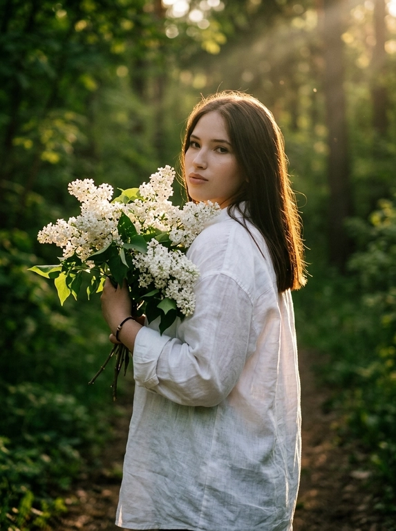 Кинематографичная фотореалистичная photography модели в лесу летом, снятая на Hasselblad X2D II 100C, 85mm lens, f/1.8, medium full shot, камера расположена на уровне талии и слегка сбоку. Модель стоит на узкой лесной тропинке среди густого зелёного леса, повернувшись вполоборота через плечо к камере. В руках она нежно прижимает к себе огромный букет цветов, отдельные ветки частично закрывают плечо и грудь. Выражение лица спокойное и чувственное, еле заметная улыбка, губы расслаблены, взгляд направлен прямо в камеру. На ней свободная белая длинная льняная рубашка oversize с длинными рукавами, натуральная слегка мятая ткань красиво подсвечивается солнцем. Кожа ровная, сияющая, с лёгким естественным загаром и realistic skin texture без plastic skin. Макияж soft natural glam: мягкий contouring, пушистые brows, длинные натуральные ресницы, subtle warm glow на коже. Тёплый золотой свет закатного солнца проходит сквозь деревья и создаёт cinematic backlight вокруг силуэта, мягкие солнечные блики на сирени и ткани одежды, глубокие зелёные тени в лесу. Атмосфера тихая, живая и немного dreamy, будто кадр из арт-фильма. Moody underexposed forest photography, warm golden highlights, rich deep greens, soft haze, subtle film grain, luxury Pinterest editorial aesthetic, ultra photorealistic RAW quality.

Какие будут цветы?: В руках белая сирень