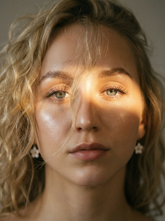 Кинематографический эффект с добавлением зерна. Ультрареалистичный, экстремально крупный портрет части лица девушки: на неё падает солнечный свет полосой, освещая глаза; её голова немного повёрнута в сторону. Тело подсвечено хайлайтером. Макияж лёгкий, с насыщенным хайлайтером; ресницы длинные, пышные. Она смотрит в камеру со спокойным, созерцательным выражением. Освещение мягкое, с лёгким акцентом на её лицо, создаёт нежные тени и подчёркивает черты. В ушах — серьги в виде белых цветов. Фон минималистичный и нейтральный, что усиливает спокойную и элегантную атмосферу. Фото смазанное, как будто сделано в движении, с двойной экспозицией.


Какая будет прическа?: Волосы кудрявые, частично падают на лицо.