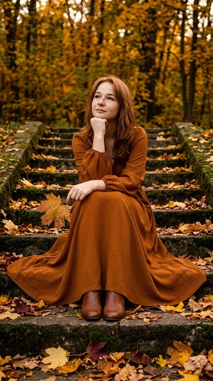 Профессиональная осенняя fashion-фотосессия 2026 в эстетике cinematic editorial и quiet luxury, ультрареализм, фотореалистичное 8K. Загруженное фото — главный референс: максимально точно сохранить узнаваемое лицо женщины, возраст, естественную асимметрию, пропорции, черты, оттенок и фактуру кожи, а также причёску и индивидуальные особенности волос; без замены лица, омоложения и изменения внешности.
Полнофигурный портрет на старой каменной лестнице в уединённом осеннем парке. Модель сидит по центру на ступени, немного выше середины кадра; корпус слегка наклонён вперёд, спина ровная, ноги сомкнуты и вытянуты. Правая рука поддерживает подбородок мягко сжатым кулаком, лицо слегка повёрнуто влево, взгляд направлен вверх и в сторону, спокойная мечтательная улыбка. Левая рука лежит на колене и держит крупный кленовый лист. волосы свободно спадают по плечам, несколько прядей естественно обрамляют лицо.
Роскошное макси-платье глубокого ржаво-охристого оттенка из матового струящегося крепа с бархатистой фактурой: подчёркнутая талия, мягкая драпировка, высокий деликатный вырез, объёмные рукава-бишоп, широкая многослойная юбка, живописно растекающаяся по нижним ступеням. Тёмно-коричневые кожаные ботильоны, минималистичные серьги из матового золота. Натуральный макияж, живой тон кожи, мягкий акцент на глазах, ягодно-терракотовые губы.
Вся лестница, каждая видимая ступень, площадка, пространство вокруг подола и обуви обильно покрыты очень плотным многослойным ковром сухих кленовых листьев охристых, золотистых, янтарных, медных, бордовых и коричневых оттенков. Листья заполняют щели между камнями и края лестницы, создавая пышное естественное обрамление, но не закрывая модель. За спиной — насыщенный, густо заполненный осенний фон без пустых участков: множество покрытых листьями ветвей, кустарников и деревьев в золотых, янтарных, медных, охристых и бордовых тонах. Старые ступени с мхом, трещинами и выразительной фактурой уходят вверх среди плотной листвы. Никаких людей, построек, дорог и городской среды.
Мягкий рассеянный свет позднего золотого часа, нежный боковой свет на лице, тёплый контровой свет, объёмные мягкие тени; палитра охры, меди, шоколада и приглушённого золота, атмосфера уютной ностальгии. Съёмка на Nikon Z8, NIKKOR Z 50mm f/1.2 S, 50 мм, f/2.8, 1/500 с, ISO 160, WB 5600 K, RAW 14-bit, Eye AF, камера на уровне груди. Лицо, глаза, руки, лист и верх платья предельно резкие; покрытые листьями ступени и густой фон постепенно переходят в мягкое кремовое боке с сохранением фактуры. Реалистичная кожа с порами, натуральные волосы, правдоподобная ткань, правильная анатомия, широкий динамический диапазон, cinematic highlight roll-off, деликатное плёночное зерно, журнальная цветокоррекция.
Без другого лица, изменения внешности или особенностей волос, пластиковой кожи, чрезмерной ретуши, кукольности, HDR, пересветов, проваленных теней, деформированных рук, лишних пальцев или конечностей, нарушенных пропорций, прозрачной ткани, ветра, летящих листьев, пустого фона, CGI, 3D, иллюстративности, текста, логотипов, водяных знаков и оборудования в кадре.