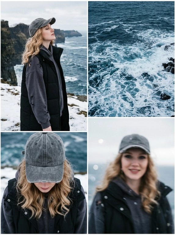 Создай коллаж из 4 фотографий одного размера, добавляя детали крупным планом. 2 кадр — это общий крупный план океана. 4 кадр — с эффектом размытия, фото немного смазано. Во всех фото разный угол съёмки и разный ракурс. 3 кадр — снят под углом сверху, крупным планом видно кепку. 1 кадр — кинематографичный средний план, профильный ракурс: персонаж стоит на краю заснеженного утёса, на человеке оверсайз выцветшее тёмно-серое худи со стильными рваными участками и капюшоном и чёрная длинная дутая жилетка с высоким воротником. На голове серая потертая кепка. Глаза закрыты, выражение спокойное и умиротворённое, персонаж вдыхает океанский воздух. На фоне — драматичные тёмные зазубренные вулканические скалы и бурные тёмно-синие океанские волны, разбивающиеся о камни, пасмурное мрачное небо, мягкое рассеянное освещение, атмосферное настроение. Холодная цветовая палитра, приглушённые тона, снято на камеру 35 мм, высокое разрешение, фотореализм, стиль тревел-фотографии, глубина резкости. -ar 9:16 -v 6.0