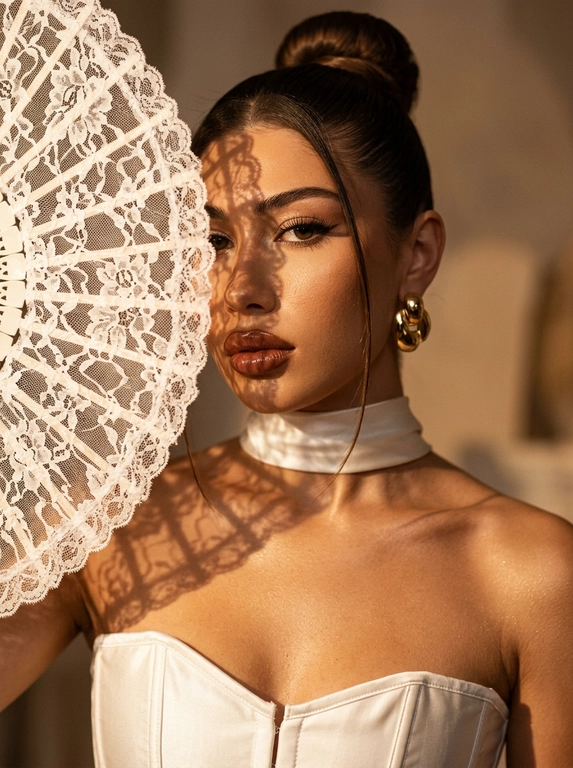 Ultra realistic beauty editorial portrait. Крупный портрет модели: лицо, шея и плечи, лёгкий наклон камеры. Белый кружевной веер частично закрывает лицо, создавая чёткие lace shadows на щеке, глазе, шее и ключице.
Белый структурный корсет с открытыми плечами и плотный satin neck wrap, плотно облегающий шею.  Макияж: sharp eyeliner, длинные ресницы, glossy brown lips, сияющая бронзовая кожа с натуральной текстурой.
Тёплый направленный свет, глубокие тени, золотистый glow, крупные золотые серьги, cinematic contrast, subtle film grain, Vogue aesthetic, RAW realism, ultra detailed 8K, no plastic skin.

Какая будет прическа?: Волосы — sleek high bun с тонкой прядью у лица.
