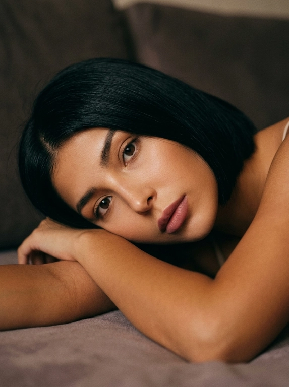 Создай портрет женщины с безупречным макияжем, губы в оттенке пыльная Роза, кожа загорелая. лежащей на боку, положив голову на согнутое предплечье. Выражение ее лица мягкое, задумчивое, с акцентом на глаза и естественные губы. Освещение мягкое, рассеянное, создающее теплую и уютную атмосферу благодаря тонким теням на лице и руках. Фон размытый, темный, не отвлекающий от ее лица, создающий интимное и спокойное настроение. Фотография в стиле ретро с небольшой зернистостью, напоминающая пленочную съемку. 


Доп. характеристики: Сделать каре ровный срез черный цвет волос