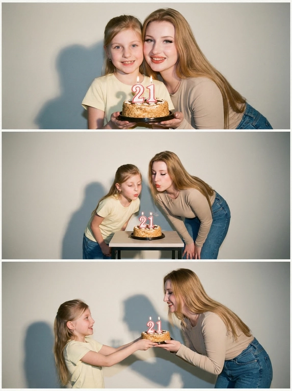 Вертикальный коллаж из трёх фотографий в эстетике 2000-х и Y2K фотосессия проходит в минималистичной студии на нейтральном светлом фоне жёсткое прямое освещение от вспышки создаёт резкие тени на стене позади и лёгкий эффект пересвета характерный для цифровых камер начала 2000-х на фотографиях взрослый человек и его детская версия маленький ребёнок взаимодействуют друг с другом это один и тот же человек в разном возрасте одежда нейтральная и универсальная взрослый человек одет в однотонный лонгслив и джинсы ребёнок одет в однотонную футболку и джинсы первая фотография крупный план взрослый человек и ребёнок стоят очень близко к камере ребёнок держит праздничный торт со свечами в форме цифры взрослый человек слегка наклоняется к торту они оба смотрят в камеру выражение лица живое и эмоциональное вторая фотография общий план в полный рост ребёнок и взрослый человек вместе наклоняются и задувают свечи на торте ребёнок с интересом и радостью смотрит на огоньки свечей третья фотография средний план ребёнок протягивает торт взрослому человеку будто предлагает задуть свечи взрослый человек наклоняется ближе они улыбаются и взаимодействуют друг с другом атмосфера тёплая ностальгическая с ощущением воспоминания и времени на каждой фотографии на торте свечи в форме цифр композиция минималистичная с акцентом на взаимодействие винтажная цифровая текстура лёгкая зернистость мягкая размытость лёгкий гламурный оттенок начала 2000-х фотореалистичный стиль


Какая будет цифра: На торте свечи в виде цифры 21.
