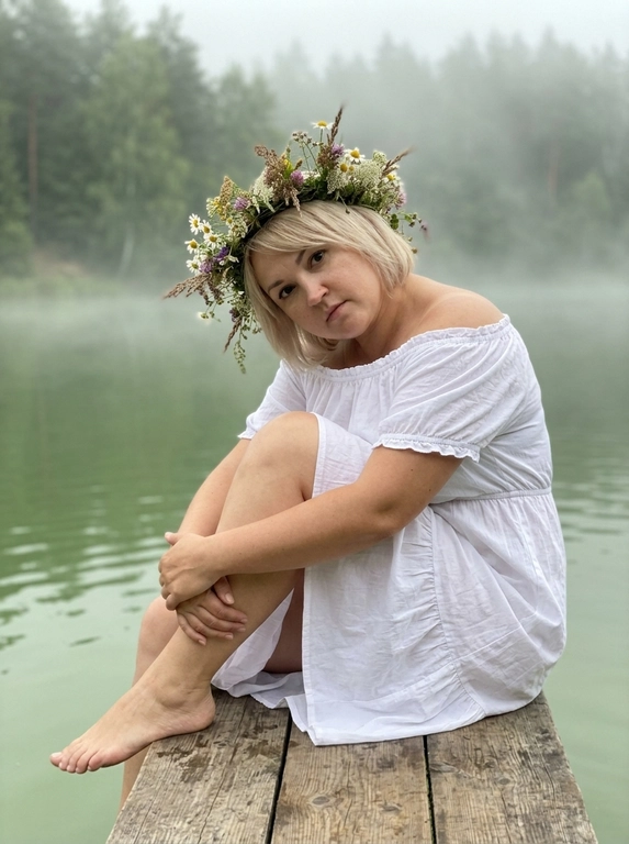 Снято на iPhone. Женщина сидит на деревянной доске на берегу озера. Поза максимально повторяет референс: она сидит боком на доске, корпус слегка развёрнут к камере, обе ноги согнуты и подтянуты к себе. Одно колено поднято выше, ближе к груди, второе согнуто и расположено ниже. Она обнимает ноги руками: одна рука обхватывает голень и колено спереди, вторая рука мягко лежит поверх, кисти расслаблены. Ступни босые, расположены на деревянной доске. Спина слегка округлена, плечи немного поданы вперёд, поза собранная, тихая и естественная. Голова не откинута назад, а наклонена вбок и немного вниз, ближе к поднятому колену. Лицо повернуто к камере, взгляд направлен прямо в объектив. Выражение лица спокойное, задумчивое и немного отстранённое.

На её голове венок из луговых трав, веточек и маленьких полевых цветов.

На ней белое хлопковое мини-платье, приталенное, с открытыми плечами, лёгкой юбкой и глубоким круглым вырезом.

Съёмка происходит на берегу тихого озера. На переднем плане находится деревянная доска из тёмного выветренного дерева коричневого оттенка. Женщина сидит на самом краю доски. На заднем плане спокойное озеро в лёгкой дымке и тумане, вода зеленоватая, за озером лес, частично скрытый туманом.

Освещение естественное и рассеянное. Цветовая палитра приглушённая и гармоничная. Свет мягко подчёркивает черты лица, текстуру ткани и естественные элементы венка. Пасмурная погода. Волосы слегка развеваются ветром и мягко смещаются в сторону. Фон не размывать, сохранить видимыми озеро, туман и линию леса, но без сильного акцента на деталях. Пониженная экспозиция. Без фильтров. Гиперреализм, фотореализм.