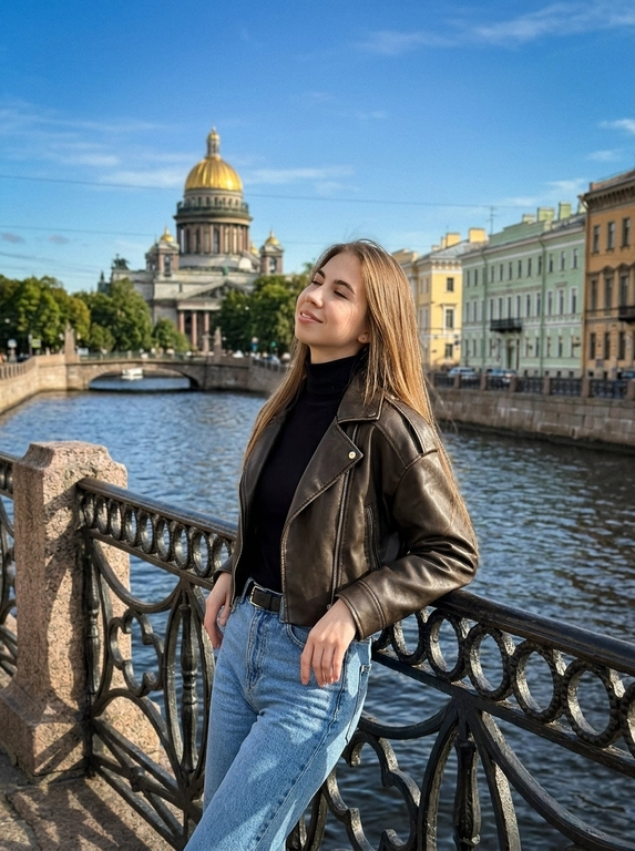 Кадр из городской фотосессии, снятый днем при ярком солнечном свете. На снимке изображена модель, стоящая на фоне архитектурного ансамбля исторического центра города с каналом и мостом. На заднем плане виден величественный собор с золотым куполом и старинные здания пастельных тонов. Атмосфера снимка теплая, расслабленная и безмятежная. Цветовая гамма естественная, с преобладанием глубокого синего цвета неба, золотистых и коричневых оттенков архитектуры и приглушенных тонов одежды.

Поза расслабленная: модель стоит полуоборотом к камере, опираясь локтями на ажурное кованое ограждение моста, корпус слегка отклонен назад, голова запрокинута, а лицо обращено к солнцу с легкой улыбкой и закрытыми глазами. Ракурс съемки средний, снизу вверх, подчеркивающий масштаб городской застройки.

Одежда: На женщине чёрная водолазка с высоким горлом и укороченная кожаная куртка-косуха тёмно-коричневого цвета со спущенной линией плеч. Классические голубые джинсы с высокой посадкой и ремнём.