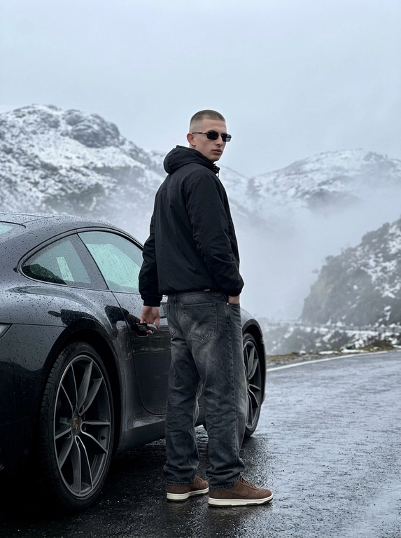 Не менять черты лица человека с исходного фото. Человек рядом с стоит рядом с машиной, машина на горной дороге, дорога мокрая от тумана, машина в каплях от тумана. Чёрный анорак Planta Rosa, маленькие чёрные солнцезащитные очки без оправы, мешковатые серо-чёрные джинсы с низкой посадкой, длинные, коричневые замшевые кроссовки Nike Dunk, руки в карманах. Машина без номеров. Фон — гиперреалистичные заснеженные холмы Мегхалайи, без зелени, туманные горы, пасмурный мягкий дневной свет, без размытия, без изменения лица или позы, без дополнительных объектов. Фото снято на iPhone 17 Pro, без фильтров на лице, без ретуши, перспектива снизу, формат 9:16, машина как на исходном фото, фон не размывать, притемнённая экспозиция, открывает дверь машины, стоит спиной, смотрит в камеру, будто сейчас сядет за руль.


Какая будет машина?: Porsche 911 самой последней модели, цвет — чёрный.