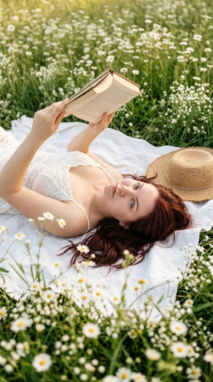 Девушка с книгой на весеннем лугу среди белых цветов