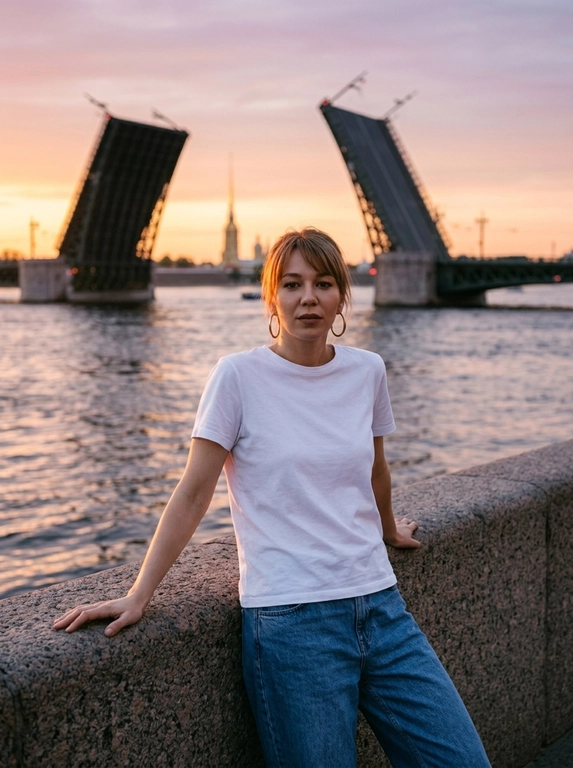 Крупный план, центральная композиция. Модель модель стоит, спина прямая, прислоняется спиной опираясь руками на широкий гранитный парапет. взгляд в камеру. На заднем плане — панорама Невы с разведенным Дворцовым мостом и шпилем Петропавловской крепости. Объектив 35mm, средняя глубина резкости, чтобы фон оставался узнаваемым, но мягким.
Минималистичный летний образ: белая футболка, свободные голубые джинсы.
Золотой час (Golden hour). Теплый, мягкий свет заходящего солнца подсвечивает контуры фигуры. Оранжево-розовые отблески на воде и граните. Контровое освещение со стороны горизонта.
Насыщенный закатный колорит: градиент неба от глубокого оранжевого к мягкому фиолетовому. Теплые тона, высокая контрастность силуэта на фоне яркой воды.
Детальная текстура гранитного камня парапета, рябь на воде, отражающая закат. Реалистичные складки на одежде и мягкие тени.
Кинематографичный кадр, высокое разрешение, атмосферное туристическое фото премиум-класса, отсутствие лишних людей в кадре.