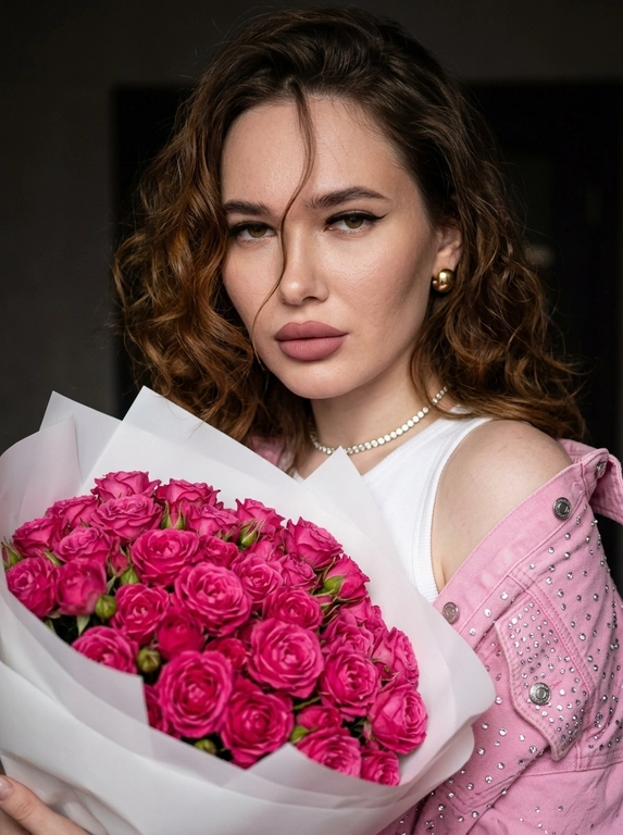 Максимально реалистичная фотография, праздничный и романтичный портрет с акцентом на текстуры и детали.

Средний план. Модель с роскошными объёмными кудрями позирует, держа перед собой большой пышный букет цветов. Она смотрит прямо в объектив томным, уверенным взглядом. Одна кудрявая прядь кокетливо падает на лицо, пересекая линию глаза и добавляя кадру естественную динамику.

В ушах лаконичные золотые серьги-пусеты, на шее тонкое колье-чокер из сверкающих камней.

Макияж: выразительный вечерний макияж в матовых тонах. Чёткие графичные стрелки подчёркивают кошачий разрез глаз, брови аккуратно оформлены. Губы покрыты матовой помадой глубокого оттенка пыльной розы с чётко очерченным контуром. Кожа имеет бархатистый финиш с мягким деликатным контурингом.

Одежда: белый базовый топ в рубчик, поверх которого на одно плечо небрежно накинута розовая джинсовая рубашка. Рубашка обильно декорирована мелкими сверкающими стразами, образующими аккуратный ритмичный узор и ярко бликующими при попадании света.

Модель держит перед собой большой объёмный букет цветов в многослойной матовой упаковке. Цветы занимают значительную часть нижней половины кадра и становятся главным цветовым акцентом композиции.

Локация: приглушённый интерьер с тёмным, почти чёрным фоном, который фокусирует всё внимание на модели, её образе и букете.

Освещение: профессиональное студийное освещение. Мягкий направленный свет спереди подчёркивает черты лица и фактуру лепестков. Свет красиво играет на стразах рубашки и камнях колье, создавая множество мелких деликатных бликов.

Камера: профессиональная камера с портретным объективом 50–85 мм, обеспечивающая высокую детализацию модели и мягкое визуальное отделение от фона.

Глубина резкости: лицо модели и центральная часть букета находятся в идеальном фокусе. Дальние локоны и края упаковки плавно уходят в мягкое естественное размытие.

Кожа: натуральная реалистичная текстура кожи, видимые поры, мягкие естественные переходы тона, без пластиковой ретуши и без AI-сглаживания.

Детали: отчётливая текстура лепестков, точная проработка страз на ткани, естественные блики в глазах и высокая детализация каждого локона.

Атмосфера: праздничная, женственная и статусная, с ощущением особого момента и дорогого подарка. Без CGI, без искусственного глянца, без чрезмерного HDR, без неестественной резкости и без AI look.

Какие будут цветы? : Цветы: Большой, плотный и пышный круглый букет, полностью собранный из множества мелких кустовых роз насыщенного оттенка фуксии. Бутоны расположены близко друг к другу, благодаря чему композиция выглядит объёмной, аккуратной и дорогой. Лепестки имеют естественную бархатистую фактуру и небольшие различия в степени раскрытия. Букет оформлен в многослойную белую матовую бумагу с широкими мягкими складками, которая подчёркивает яркость цветов. Без зелени и без дополнительных видов цветов.

Какая будет прическа?: Волосы: Гладкий высокий хвост с аккуратно зачёсанной макушкой и мягким объёмом по длине. Концы уложены в крупные волны, одна тонкая прядь свободно обрамляет лицо. Причёска выглядит собранно, дорого и подчёркивает серьги, линию шеи и колье.