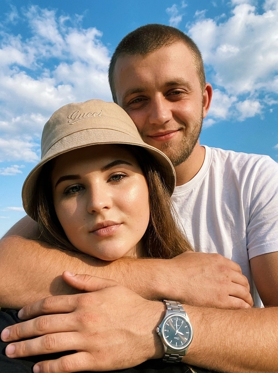 Кинематографичный кадр крупным планом (selfie style), пара в объятиях (классическое "обнимашки сзади") на фоне ярко-голубого неба с облаками.  Женщина на ней бежевая панама с брендовой надписью. Её кожа выглядит сияющей, подсвеченной мягким естественным солнечным светом. Выражение лица спокойное, глубокий взгляд, направленный прямо в камеру. Мужчина стоит строго позади девушки и обнимает её сзади, одна его рука обнимает её за плечи/шею спереди — предплечье лежит поперёк её ключиц, кисть свободно свисает с её плеча, на запястье классические серебряные часы с черным циферблатом. Мужчина в белой футболке, выражение лица доброжелательное, его взгляд прямо в объектив. Ракурс сверху, камера сфокусирована на лице девушки. Высокий контраст, насыщенные цвета, мягкая прорисовка деталей кожи. Эффект пленочной фотографии, легкое зерно, атмосфера летнего дня, эстетика социальных сетей. Телефона не видно в кадре.