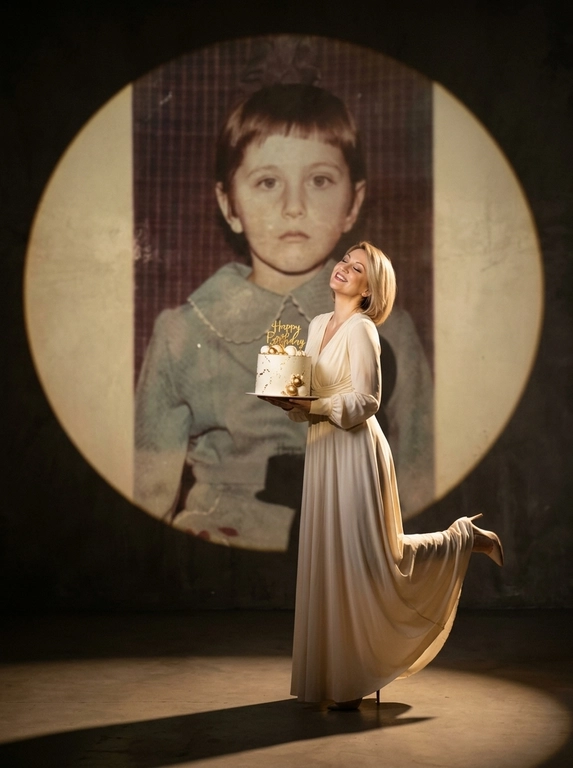 Create ultra-realistic cinematic birthday photoshoot, elegant studio with a dark background and a large circular spotlight projection on the wall. Inside the spotlight, a faded vintage childhood photo of the same girl(the reference image 2nd given)appears as a nostalgic memory, slightly transparent with old photo texture and soft blur. In the foreground, the present-day version of the same model (the reference image 1st given)  holding a white birthday cake decorated with gold accents with a “Happy Birthday". 

If the model is a woman, then she is wearing a cream long gown. If the model is a man, he is wearing a suit.

her head tilted back, eyes closed, natural smile,  cinematic shadow cast on the wall, warm soft spotlight lighting.

If the model was a woman, she additionally lifted her leg in an elegant pose.