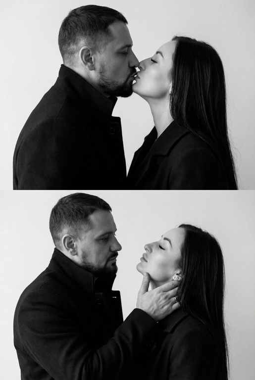   Не меняй внешность. Фотография представляет собой диптих (двойное изображение), выполненный в черно-белой гамме, который запечатлел пару в двух последовательных, нежных моментах. Общий стиль снимка — минималистичный и драматичный.
Верхний Кадр: Поцелуй
• Действие: Пара запечатлена в момент поцелуя.
• Мужчина: Слева, в профиль. Он одет в темное пальто или пиджак с высоким воротником. Его губы соприкасаются с губами женщины.
• Женщина: Справа, в профиль, с приподнятым подбородком, чтобы дотянуться до мужчины. У нее тонкие, изящные черты лица. Она одета в похожее темное пальто с воротником-стойкой.
• Эмоция: Кадр передает интимность и сосредоточенность на моменте соприкосновения.
Нижний Кадр: Нежность и Взгляд
• Действие: Мужчина и женщина смотрят друг на друга (или почти смотрят) на очень близком расстоянии.
• Мужчина: Слева, в профиль. Выражение его лица более серьезное и задумчивое. Он смотрит прямо на женщину.
• Женщина: Справа. Ее голова немного запрокинута, а глаза почти закрыты, что придает моменту большую чувственность.
• Взаимодействие: Рука мужчины (похоже, его правая рука) нежно поддерживает ее лицо сбоку, держа ее за челюсть/подбородок. Это движение подчеркивает заботу и глубокую эмоциональную связь между ними.
Общий Стиль и Композиция
• Цвет: Использование черно-белой палитры исключает отвлекающие цвета и усиливает драматизм, фокусируя внимание зрителя на контурах, текстурах и эмоциях.
• Одежда: Оба одеты в простые, темные вещи, которые гармонируют с общим настроением снимка.
• Фон: Однотонный, нейтральный, светлый фон (возможно, белая или светло-серая студийная стена), который создает сильный контраст с темной одеждой пары.
• Композиция: Диптих, разделенный горизонтальной линией, показывает два мгновения близости, создавая историю или последовательность.
Снимок производит впечатление элегантной, высококлассной модной или арт-фотографии, посвященной теме глубокой, серьезной любви и страсти.
