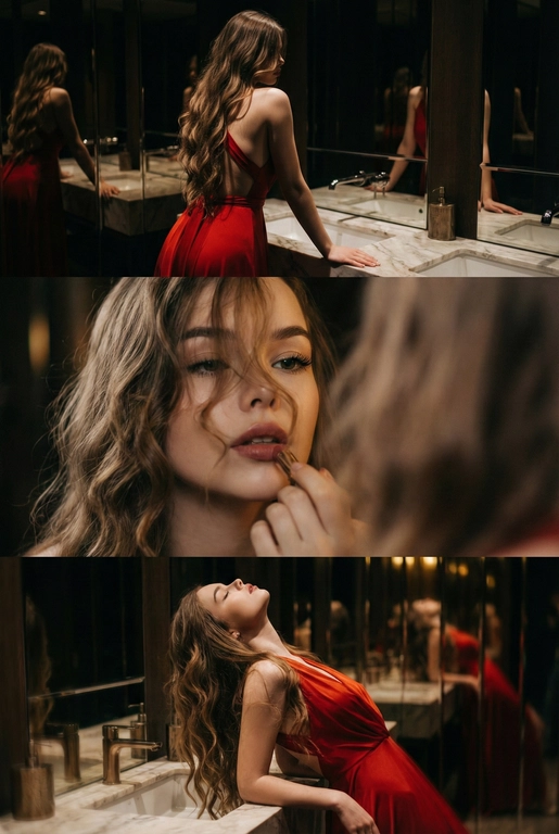 Создай не меняя черты лица. Экстремально реалистичный кинематографичный триптих, как живая серия фотографий из Instagram, снятая в зеркальном туалете дорогого ресторана. Вечер, интимная атмосфера, отражения в зеркалах, приглушённый свет, ощущение роскоши и ускользающего момента. Весь триптих объединён одним образом и единым настроением, с лёгким зерном, как будто кадры сняты в движении, естественно. В верхней части женщина стоит спиной облокотившись на раковину рукой, лицо в тени спина освещена, в отражениях зеркал видна её фигура, на ней одно и то же красное платье с открытой спиной, ткань струится и выглядит дорого, чувственно. Свет мягко скользит по плечам и линии спины, создавая глубокие тени и драматичный силуэт. В средней части экстремально близкий ракурс лица через зеркало, женщина смотрит на своё отражение и поправляет помаду, жест живой и естественный. Лицо частично в фокусе, частично слегка размыто, ощущение движения и дыхания кадра. Пышные ресницы, выразительный взгляд, блики света в зеркале, локоны из пучка падают на лицо, добавляя интимности. В нижней части девушка запрокинула голову и облокотилась о раковину, глаза закрыты, поза расслабленная, уязвимая, словно она на секунду выпала из шумного вечера. Платье то же самое, красное, ткань ловит приглушённый свет, усиливая глубину цвета и теней. Во всех кадрах приглушённое освещение, cinematic lighting, мягкие тени, отражения зеркал, лёгкое зерно и небольшой motion blur без резкой чёткости и глянца. Цвета глубокие, насыщенные, но сдержанные. Общий стиль ультрареализм, кинематографическая эстетика, эффект настоящего Instagram-триптиха, ощущение пойманного момента, живо, чувственно и очень реалистично, как кадры из личного архива.
Не меняй черты лица. Очень длинные изящные волнистые волосы, несколько локонов свободно падают на лицо и шею. 
