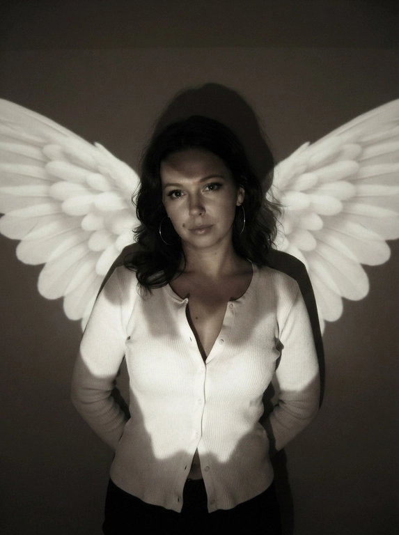 A raw vintage low-light photograph taken in a dark room with a projector. Medium shot, framed from the hips to slightly above the head. Camera directly in front of the woman at approximately chest level, almost straight-on. She stands centered very close to a plain wall.

POSE: her torso faces directly toward the camera. BOTH ARMS are completely placed behind her back, with neither hand visible. Her shoulders are gently pulled backward because of the position of her arms, while her upper body leans very slightly toward the camera. Head subtly tilted to one side and lowered, direct calm gaze into the lens.

She wears a fitted white ribbed LONG-SLEEVE button-front top. The fabric closely follows the body. Several buttons at the upper chest are casually left undone, creating a narrow deep V opening; the lowest buttons near the waist are also slightly undone, while the middle section remains buttoned. Long fitted sleeves extend fully to the wrists. Large thin hoop earrings.

A projector casts a flat image of enormous white angel wings onto the wall behind her. The wings spread horizontally from behind both shoulders almost to the edges of the frame. They are projected light, NOT physical wings. Large rounded individual feathers are clearly visible.

The projector simultaneously creates uneven patches of bright white light across the long-sleeve top, while the face, neck and upper chest remain partially covered by deep irregular shadows. A large dark silhouette of her head appears on the wall.

Very dim exposure, warm gray-brown shadows, creamy projector whites, slightly blown highlights, crushed blacks, soft focus, coarse grain, visible digital noise and slight pixelation. Authentic imperfect late-1990s / early-2000s amateur photograph, low-resolution nostalgic camera quality, no polished studio look.

Причёска: Loose, softly waved hair with a center part, naturally framing the face and tucked behind one ear.