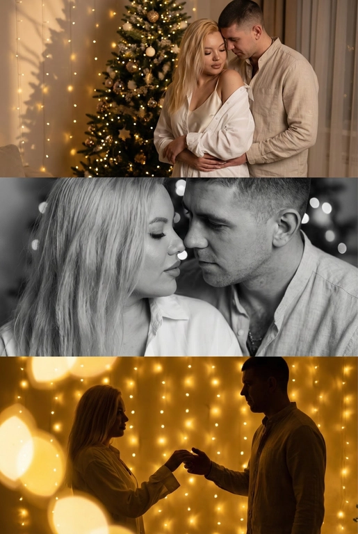 Создай новогодний кинематографичный коллаж, состоящий из трёх горизонтальных кадров друг под другом. Вечер, приглушенный свет, тёплый свет гирлянд, мягкое боке, уютная домашняя атмосфера. 

Кадр 1 (верхний): широкий план. Пара у украшенной новогодней ёлки.
Одежда: девушка в лёгкой белой рубашке, надетой свободно на шелковый топ на тонких бретельках, слегка сползающей с плеч; парень — в светлой рубашке бежево-молочного оттенка. Слабый свет гирлянд, мягкие тени, спокойный романтичный момент.

Кадр 2 (средний): крупный чёрно-белый портрет. Их лица близко, мягкое боке позади. Одежда: те же свободные рубашки, видны только верхние части — мягкая ткань, естественные складки, домашний уют. 

Кадр 3 (нижний): силуэтный кадр на фоне ярких огней. Пара тянется друг к другу. Одежда: светлые рубашки, расстёгнутые манжеты, мягко подсвеченные гирляндами. Золотой свет, много боке, тёплое новогоднее настроение.

Стиль: тёплый, нежный, интимный, романтичный, кинематографичный.