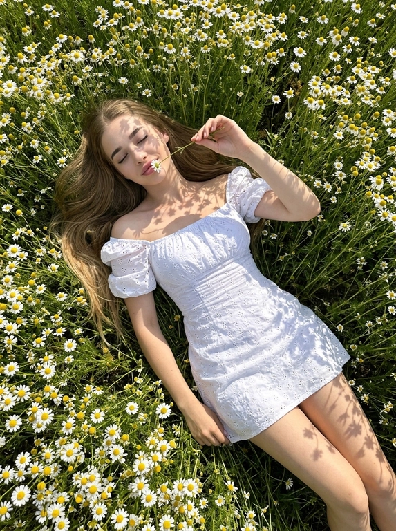 Shot on iPhone 16 Pro Max, phone is not visible in the frame.
Ultra-realistic smartphone photo, no flash, no CGI, no Al look, realistic pores and skin texture. woman lying in a dense chamomile field. Camera positioned directly above her in an almost perfectly vertical top-down angle. Full-body composition from head to knees. Body placed diagonally: head toward the upper left corner, legs toward the lower right.
Surrounded by hundreds of white chamomile flowers. Eyes closed, soft relaxed half-smile. One hand raised to her face, gently holding a chamomile stem so the flower touches her lips.
Calm, poetic atmosphere. Hair spread around her head across the grass and flowers, with a few loose strands on the cheeks and forehead. Ultra-short romantic white peasant-style dress with oversized off-shoulder puff sleeves, square neckline with front ties, voluminous layered skirt, textured broderie anglaise cotton. The skirt is lifted slightly by a gentle breeze.
Open shoulders, collarbones and legs visible. A fallen chamomile flower rests on the dress. Bright sunny daylight creates lace-like shadows from flowers and stems across the dress, face, arms and legs. Entire frame filled with chamomile flowers, green stems and wild grass. Natural iPhone colors, rich greens, clean whites, warm daylight, slightly increased contrast.
Pinterest countryside editorial aesthetic.